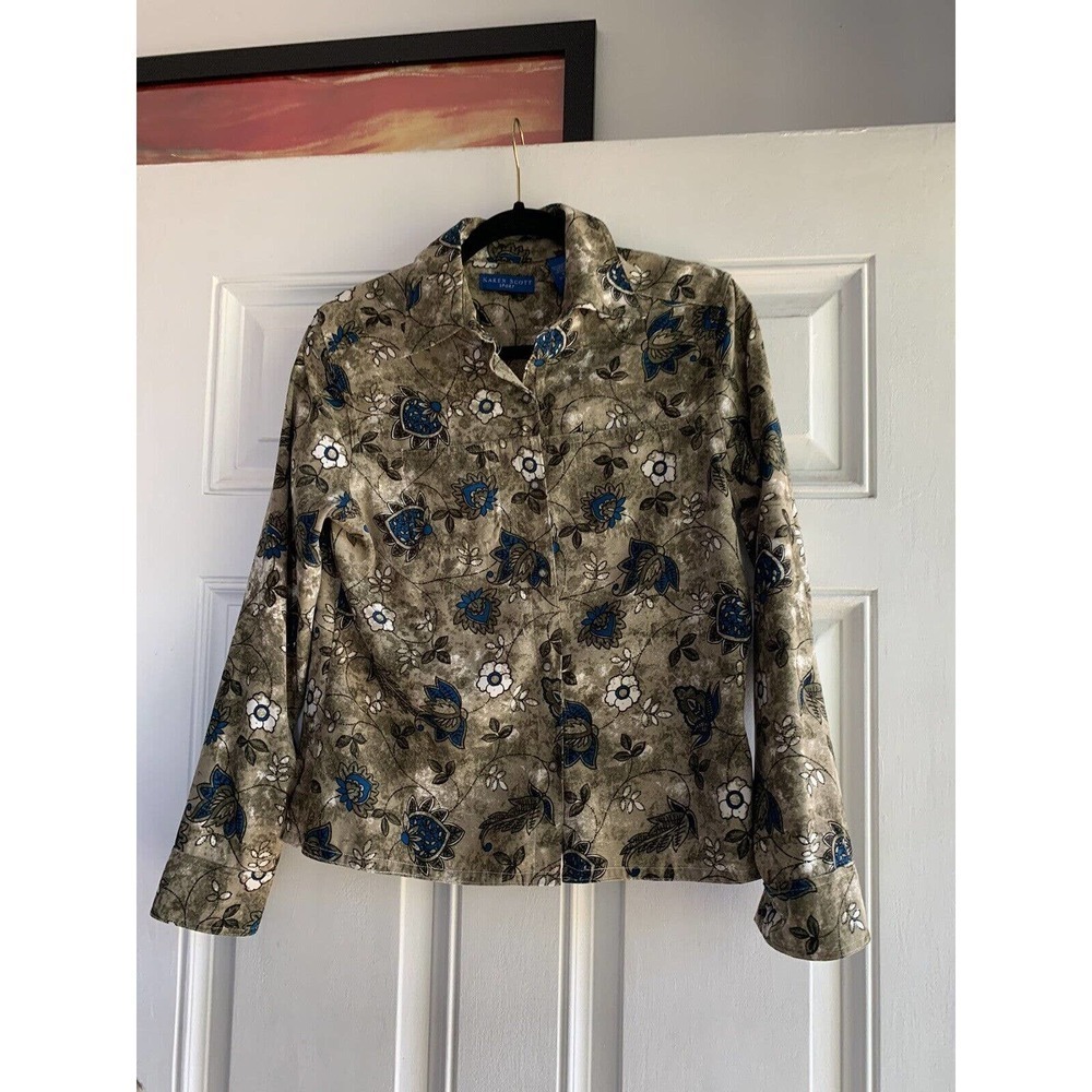 Karen Scott Sport Long Sleeve Floral Print Button-Up Top - Green Blue Size Small
